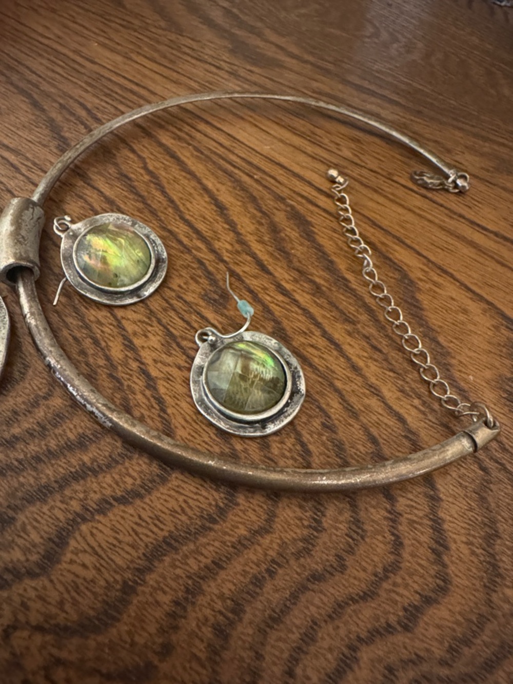 Bronze Gold and Green abalone Statement Pendant Necklace and Earring Set - Picture 5 of 5